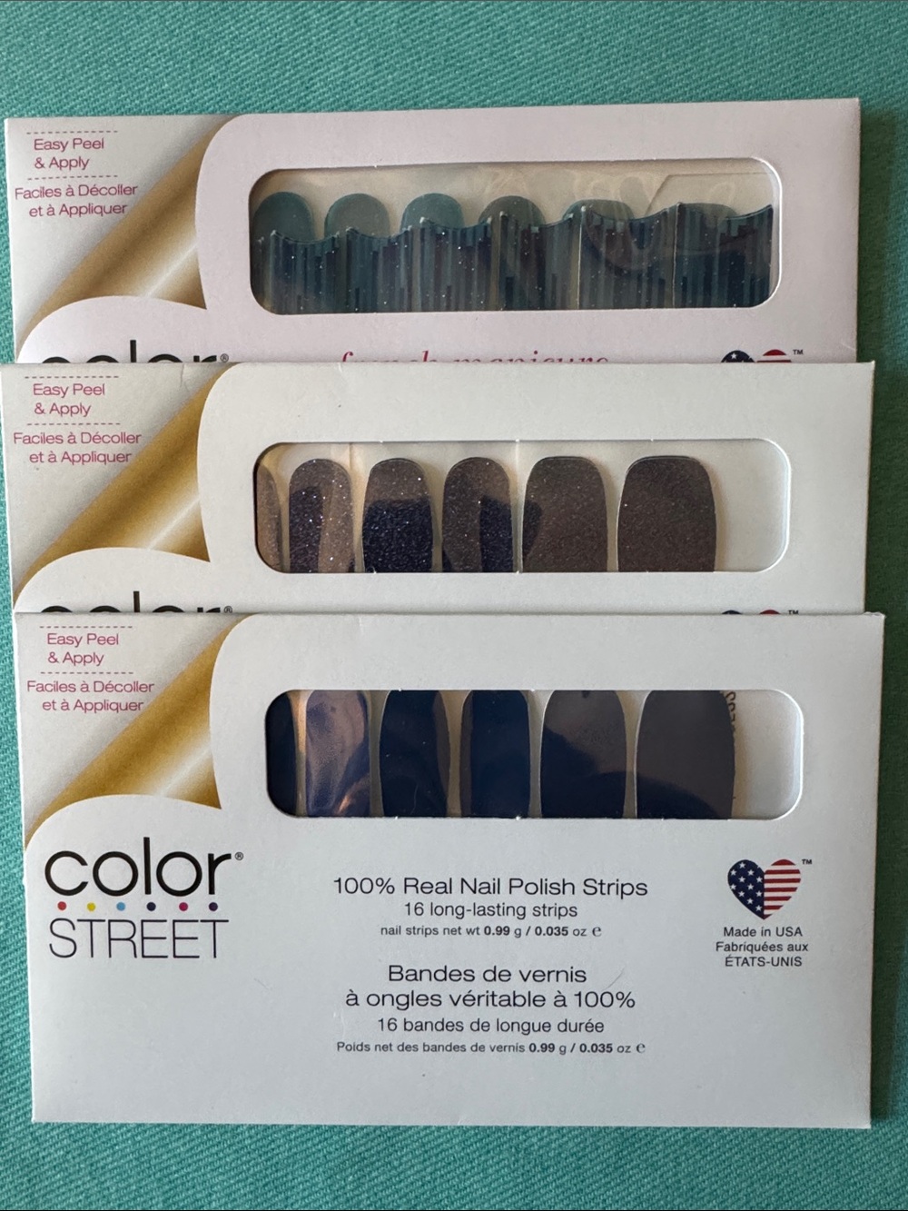 Color Street Nail Strips — Teal Glitter, Blue Shimmer, Navy Solid